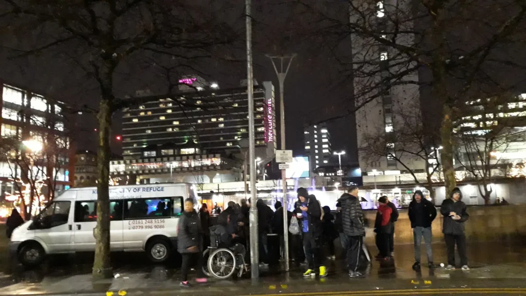 KICC The City of Refuge outreach team supporting homeless people in Manchester at night